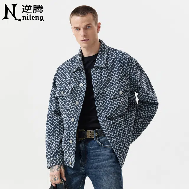 逆腾 秋季纯棉提花工装夹克男潮流高级感宽松男士轻奢翻领牛仔外套 男女同款