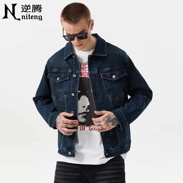逆腾 秋季水洗夹克男美式潮牌宽松翻领男士弹力复古休闲牛仔外套 男女同款