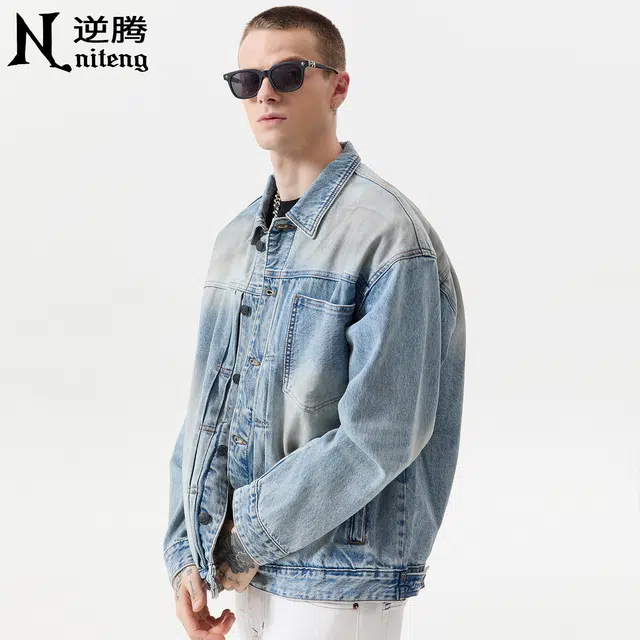 逆腾 秋季做旧工装夹克男美式高街水洗宽松翻领男士渐变牛仔外套 男女同款