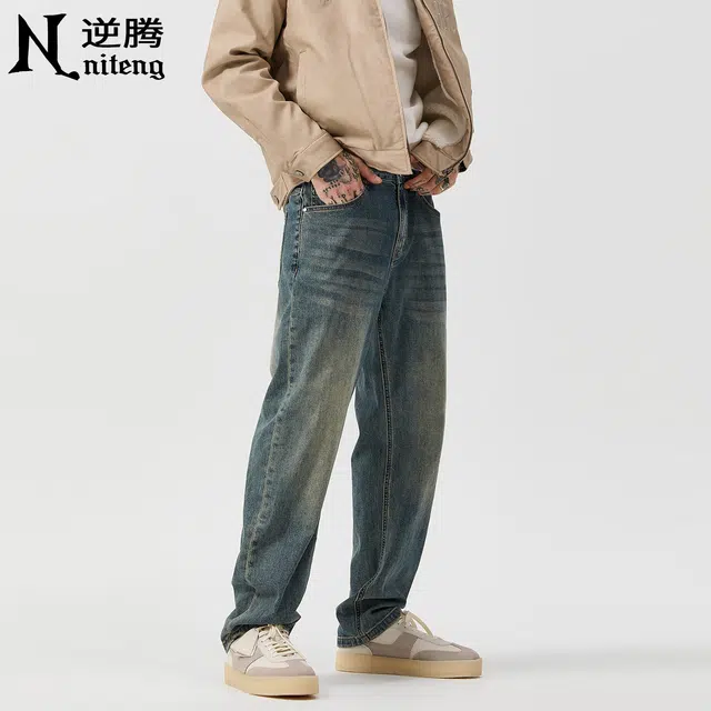 逆腾 秋季复古长裤男潮牌美式弹力宽松直筒裤男士基础款做旧猫须牛仔裤 男款
