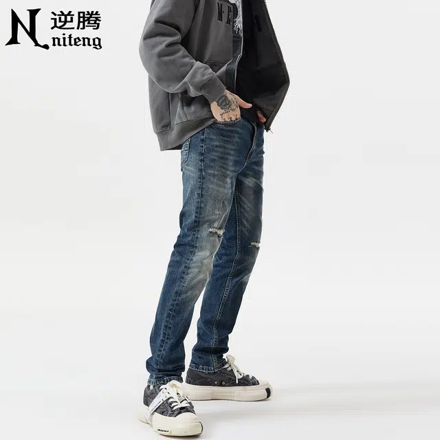 逆腾 秋季莱卡长裤男破洞补丁直筒裤子男士高街复古修身小脚牛仔裤 男款