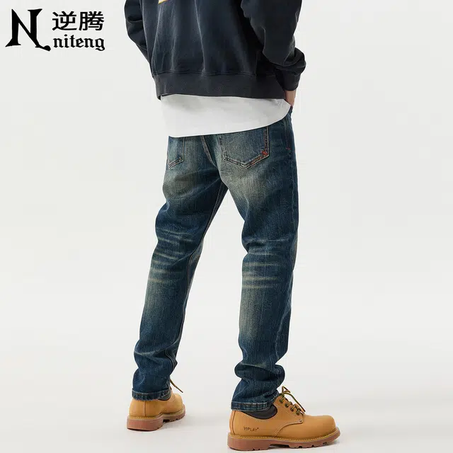 逆腾 秋季染长裤男美式修身直筒男裤复古重工水洗小脚牛仔裤 男款