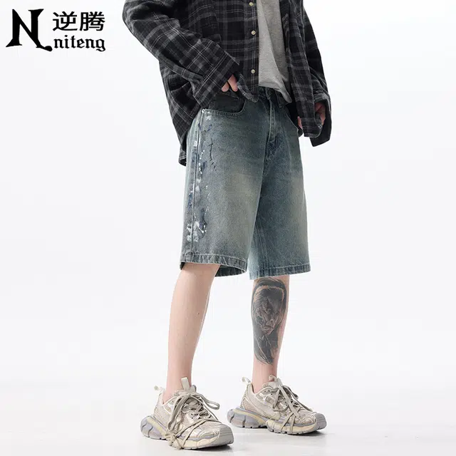 逆腾 潮牌泼墨宽松水洗休闲牛仔短裤 男款
