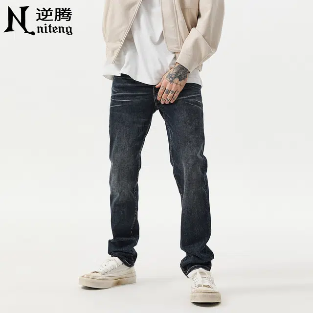 逆腾 逆腾复古长裤男潮流修身直筒裤子男士潮牌高街水洗美式弹力小脚牛仔裤 男款