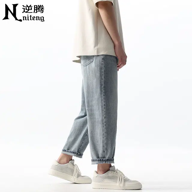 逆腾 潮牌破洞直筒牛仔裤 男款 蓝色