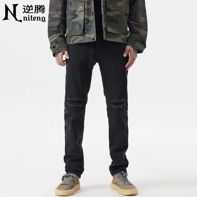 逆腾 秋季黑色破洞长裤男美式高街直筒裤子男士痞帅修身小脚牛仔裤 男款
