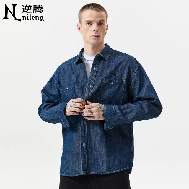 逆腾 秋季汉麻抗菌衬衣外套男潮牌美式宽松休闲男士高级感原色牛仔衬衫 男女同款