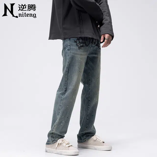 逆腾 潮牌印花直筒舒适时尚长裤牛仔裤 男款 复古蓝
