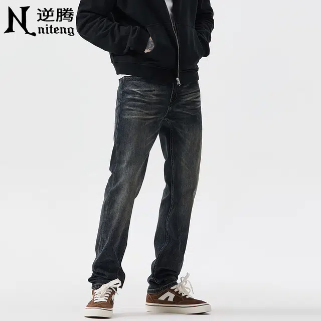 逆腾 逆腾裤男潮牌修身裤子男士潮流水洗复古直筒美式百搭小脚牛仔裤 男款
