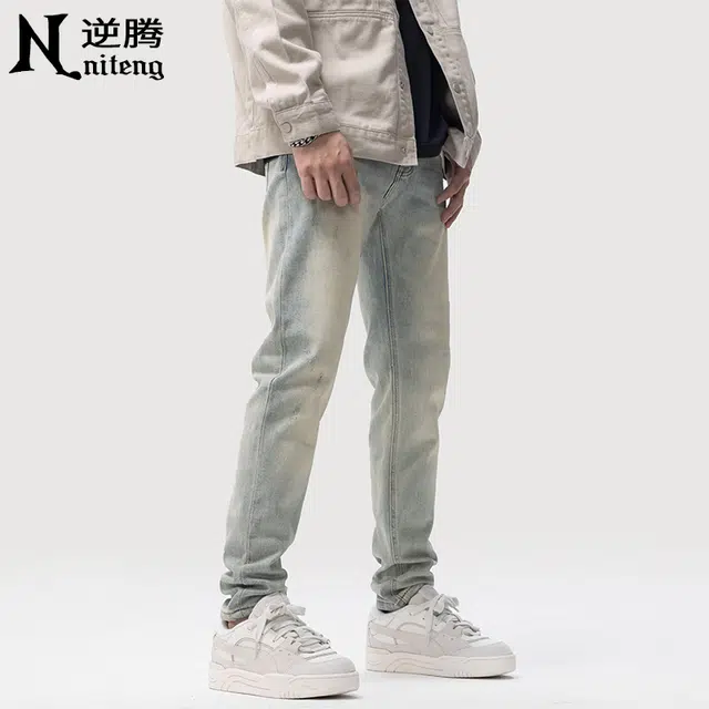 逆腾 潮牌复古修身直筒小脚牛仔裤 男款