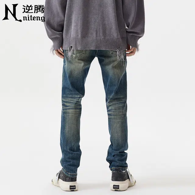 逆腾 秋季复古小脚裤子男美式做旧重工水洗修身小直筒牛仔裤 男款