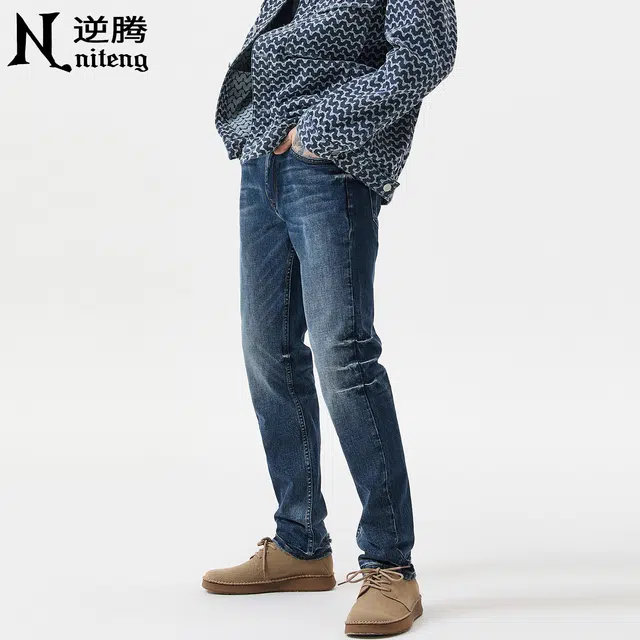 逆腾 秋季复古长裤男美式莱卡修身裤子男士直筒商务通勤小脚牛仔裤 男款