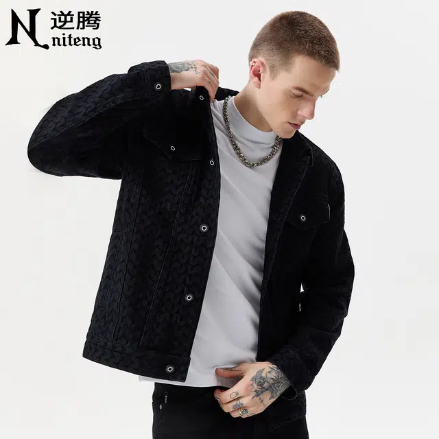 逆腾 秋季牛仔外套男潮牌美式提花水洗翻领男士工装休闲夹克 男女同款