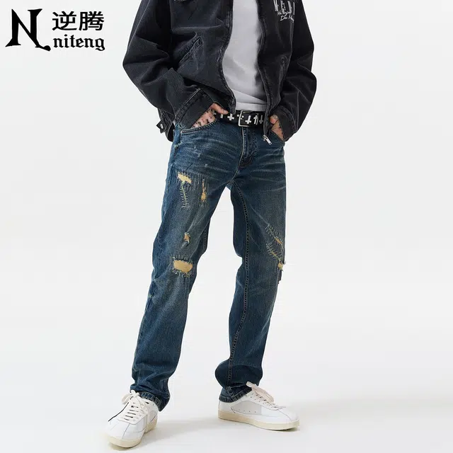 逆腾 逆腾破洞补丁裤男美式高街修身裤子男士潮牌水洗复古直筒小脚牛仔裤 男款