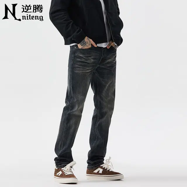 逆腾 逆腾裤男潮牌修身裤子男士潮流水洗复古直筒美式百搭小脚牛仔裤 男款