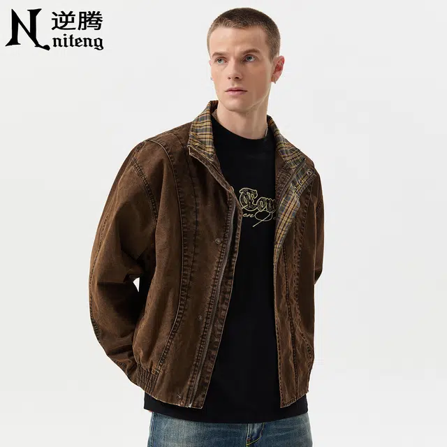 逆腾 秋季复古夹克男潮牌美式立领宽松男士痞帅短款纯棉工装牛仔外套 男款