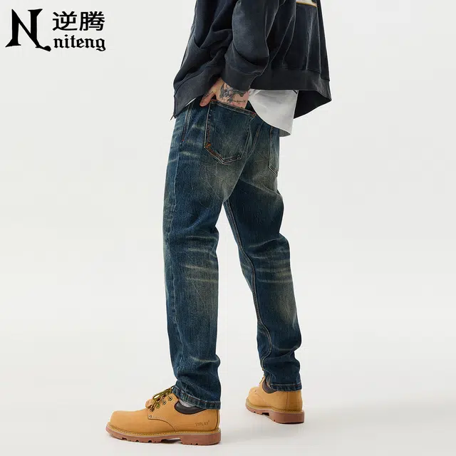 逆腾 秋季染长裤男美式修身直筒男裤复古重工水洗小脚牛仔裤 男款