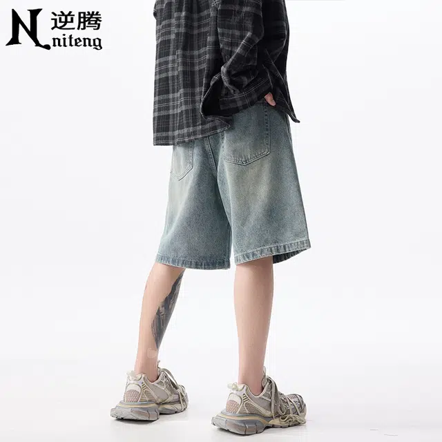 逆腾 潮牌泼墨宽松水洗休闲牛仔短裤 男款