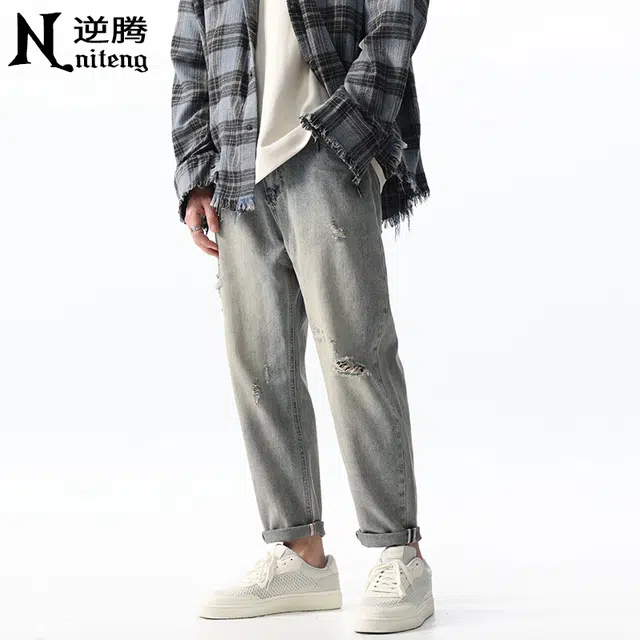 逆腾 宽松舒适百搭九分牛仔裤 男款 黄泥色