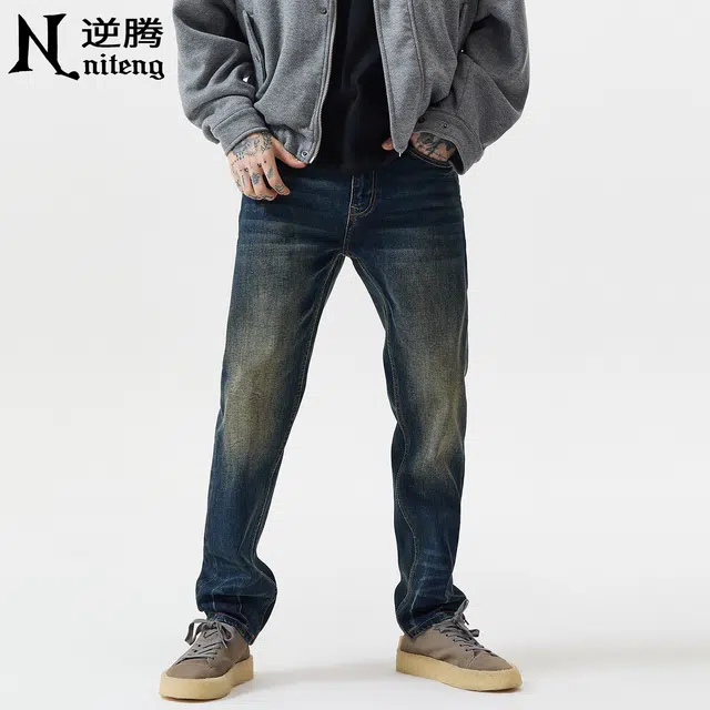 逆腾 秋季长裤男美式直筒男士复古重工水洗做旧修身小脚牛仔裤 男款