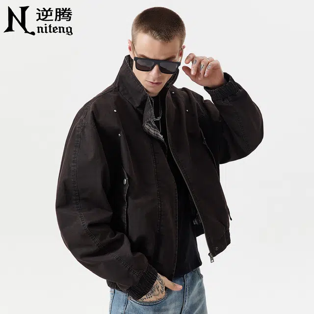 逆腾 秋季复古立领工装外套男潮牌宽松男士痞帅短款纯棉机车夹克 男女同款