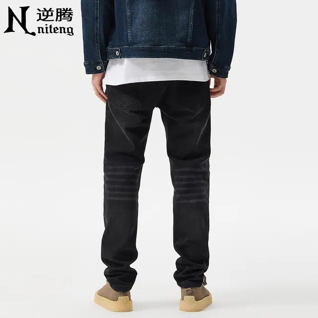 逆腾 秋季破洞补丁裤子男美式修身男士痞帅水洗直筒小脚牛仔裤 男款