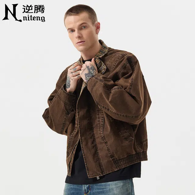 逆腾 秋季复古夹克男潮牌美式立领宽松男士痞帅短款纯棉工装牛仔外套 男款