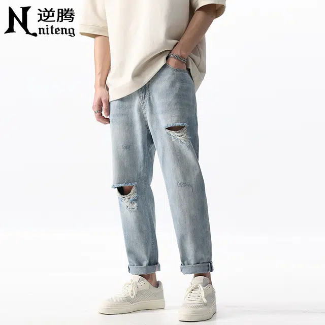 逆腾 潮牌破洞直筒纯色牛仔裤 男款 浅蓝色