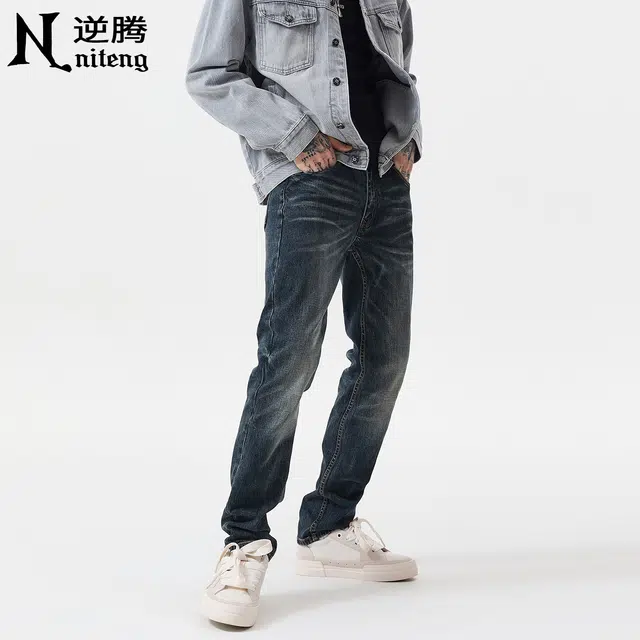 逆腾 逆腾复古裤男美式弹力修身直筒裤子男士潮牌水洗猫须百搭直筒牛仔裤 男款