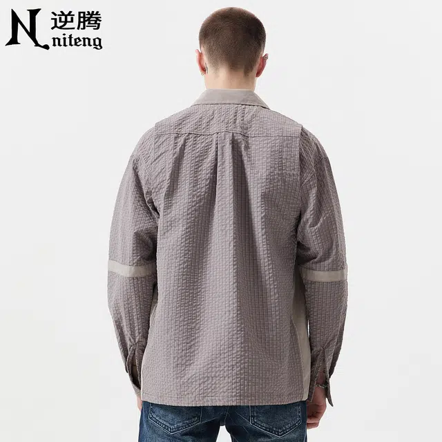 逆腾 秋季立体格纹拼接衬衣外套男宽松男士抗皱百搭休闲长袖衬衫 男女同款