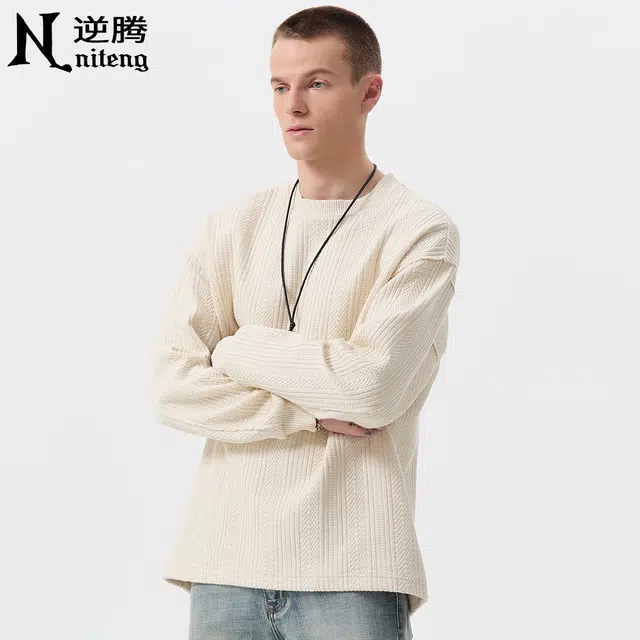 逆腾 秋季圆领高级感长袖上衣男提花宽松毛衣打底衫男士慵懒风针织衫 男女同款