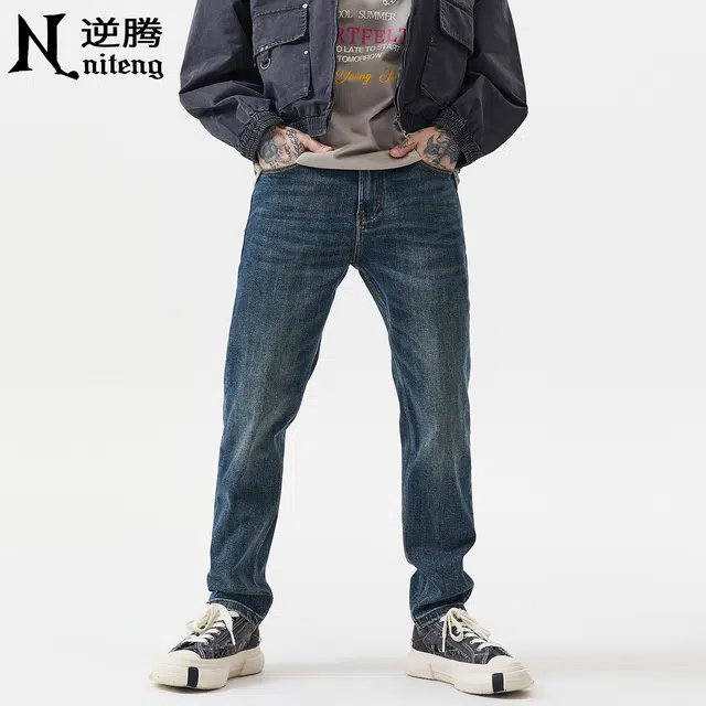 逆腾 秋季莱赛尔蓝色裤子男弹力小直筒男士复古百搭修身小脚牛仔裤 男女同款