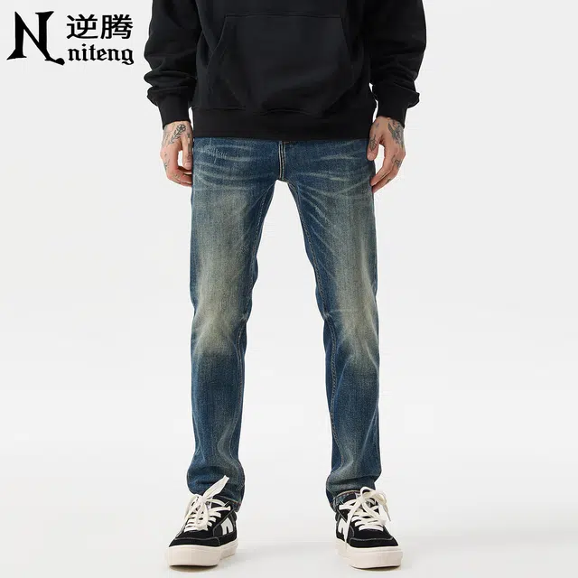 逆腾 秋季复古长裤男潮牌美式修身裤子男士耐磨水洗直筒小脚牛仔裤 男款