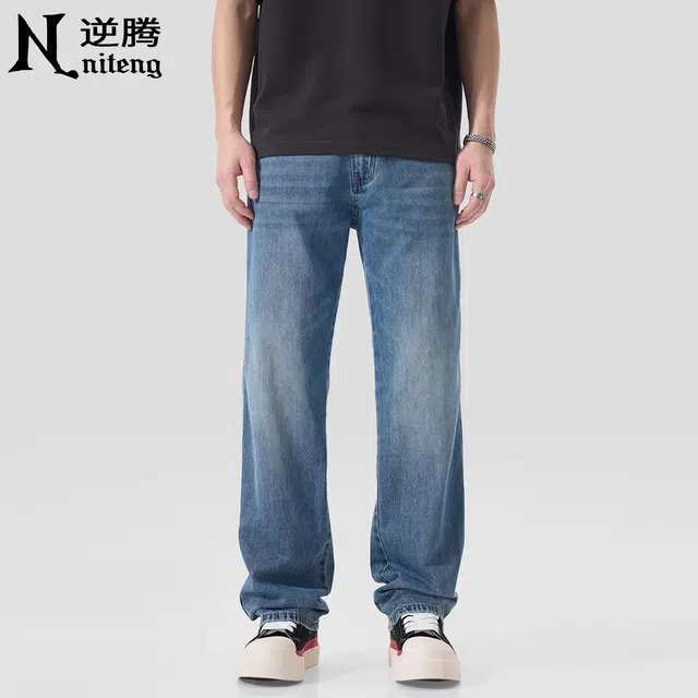 逆腾 潮牌垂感直筒牛仔裤 男款 蓝色
