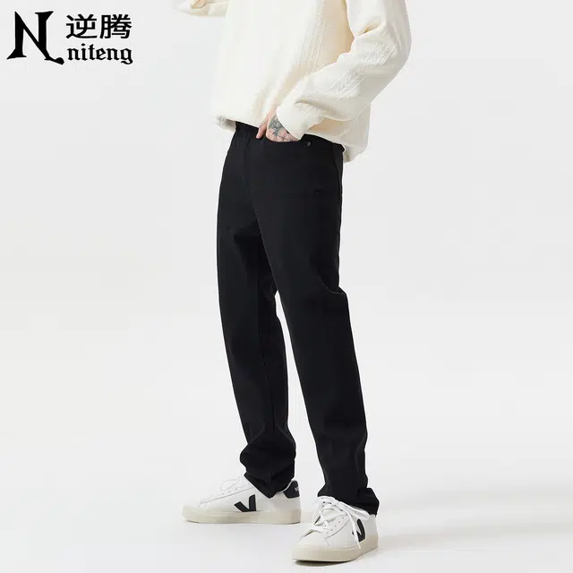逆腾 秋季长裤子男美式潮牌四面弹直筒裤男士水洗修身小脚牛仔裤 男女同款