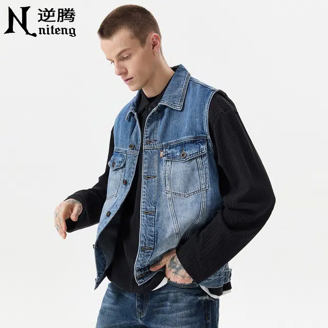逆腾 秋季复古牛坎肩背心男美式宽松无袖工装外套男士百搭牛仔马甲 男女同款