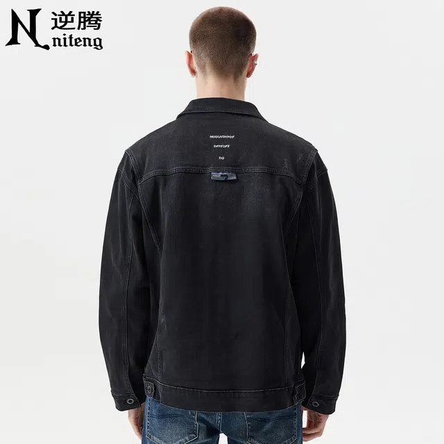 逆腾 秋季翻领夹克男潮牌美式复古宽松男士水洗工装牛仔外套 男女同款