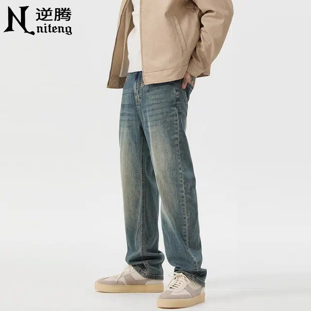 逆腾 秋季复古长裤男潮牌美式弹力宽松直筒裤男士基础款做旧猫须牛仔裤 男款