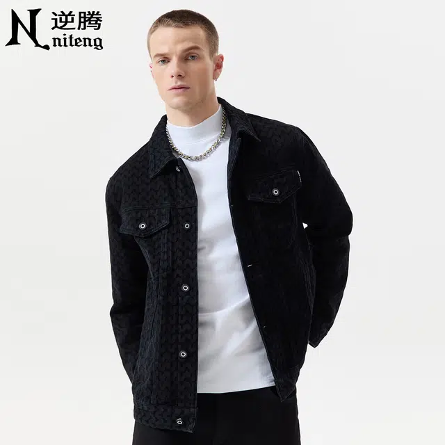 逆腾 秋季牛仔外套男潮牌美式提花水洗翻领男士工装休闲夹克 男女同款