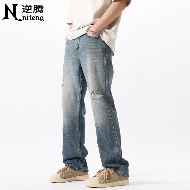逆腾 潮牌破洞舒适百搭直筒牛仔裤 男款 蓝色