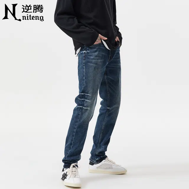 逆腾 秋季复古长裤男美式莱卡修身裤子男士直筒商务通勤小脚牛仔裤 男款