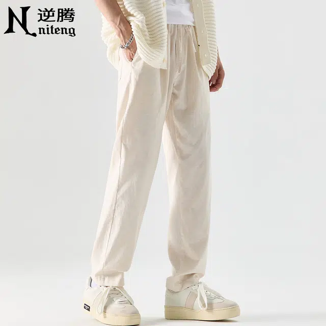 逆腾 亚麻直筒裤潮牌垂感宽松裤子薄款凉感休闲裤 男女同款