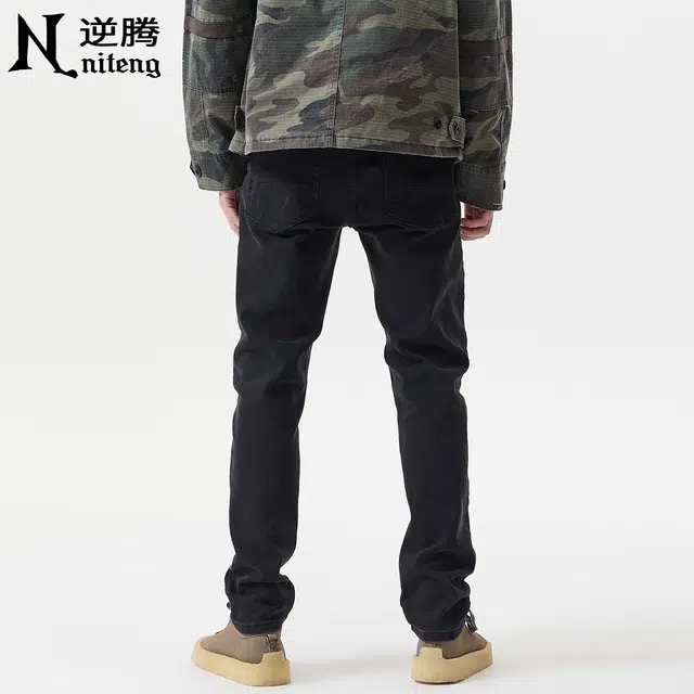 逆腾 秋季黑色破洞长裤男美式高街直筒裤子男士痞帅修身小脚牛仔裤 男款