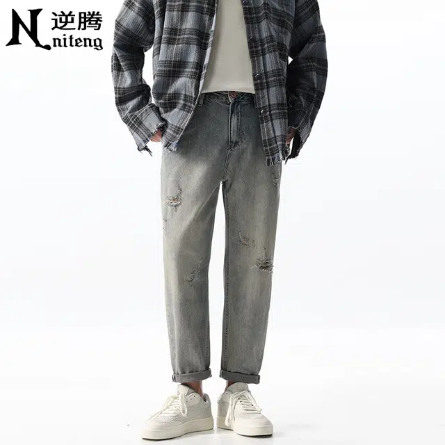 逆腾 宽松舒适百搭九分牛仔裤 男款 黄泥色