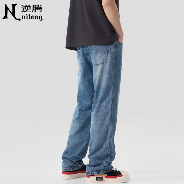 逆腾 潮牌垂感直筒牛仔裤 男款 蓝色