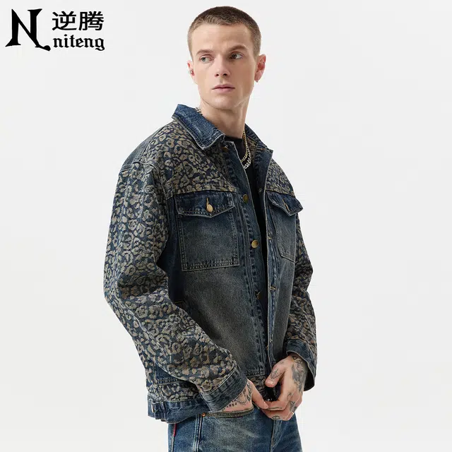 逆腾 秋季提花拼接夹克男美式复古痞帅男士宽松翻领个性牛仔外套 男女同款