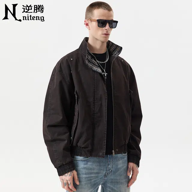 逆腾 秋季复古立领工装外套男潮牌宽松男士痞帅短款纯棉机车夹克 男女同款