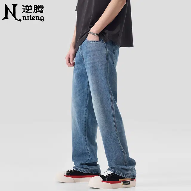 逆腾 潮牌垂感直筒牛仔裤 男款 蓝色