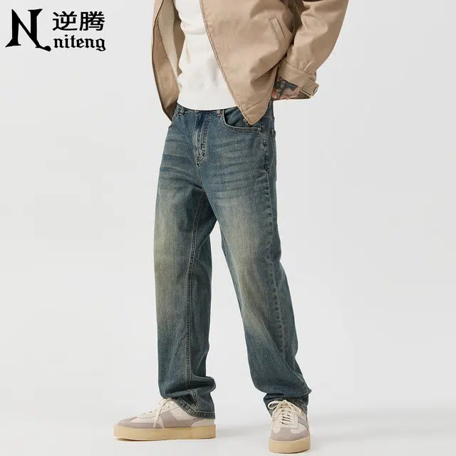 逆腾 秋季复古长裤男潮牌美式弹力宽松直筒裤男士基础款做旧猫须牛仔裤 男款