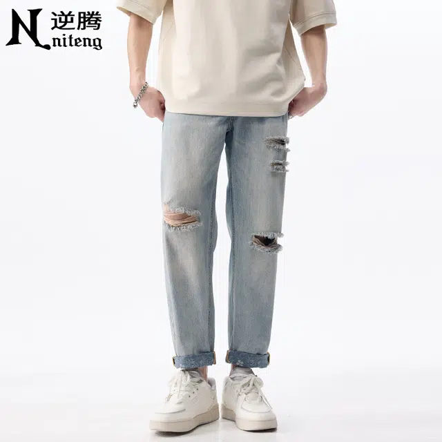 逆腾 潮牌百搭时尚直筒牛仔裤 男款 浅蓝色